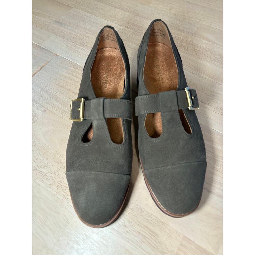 Vionic Dark Olive Green Suede T-Strap Mary Jane Lug Sole Loafer Dark Academia - Picture 3 of 6